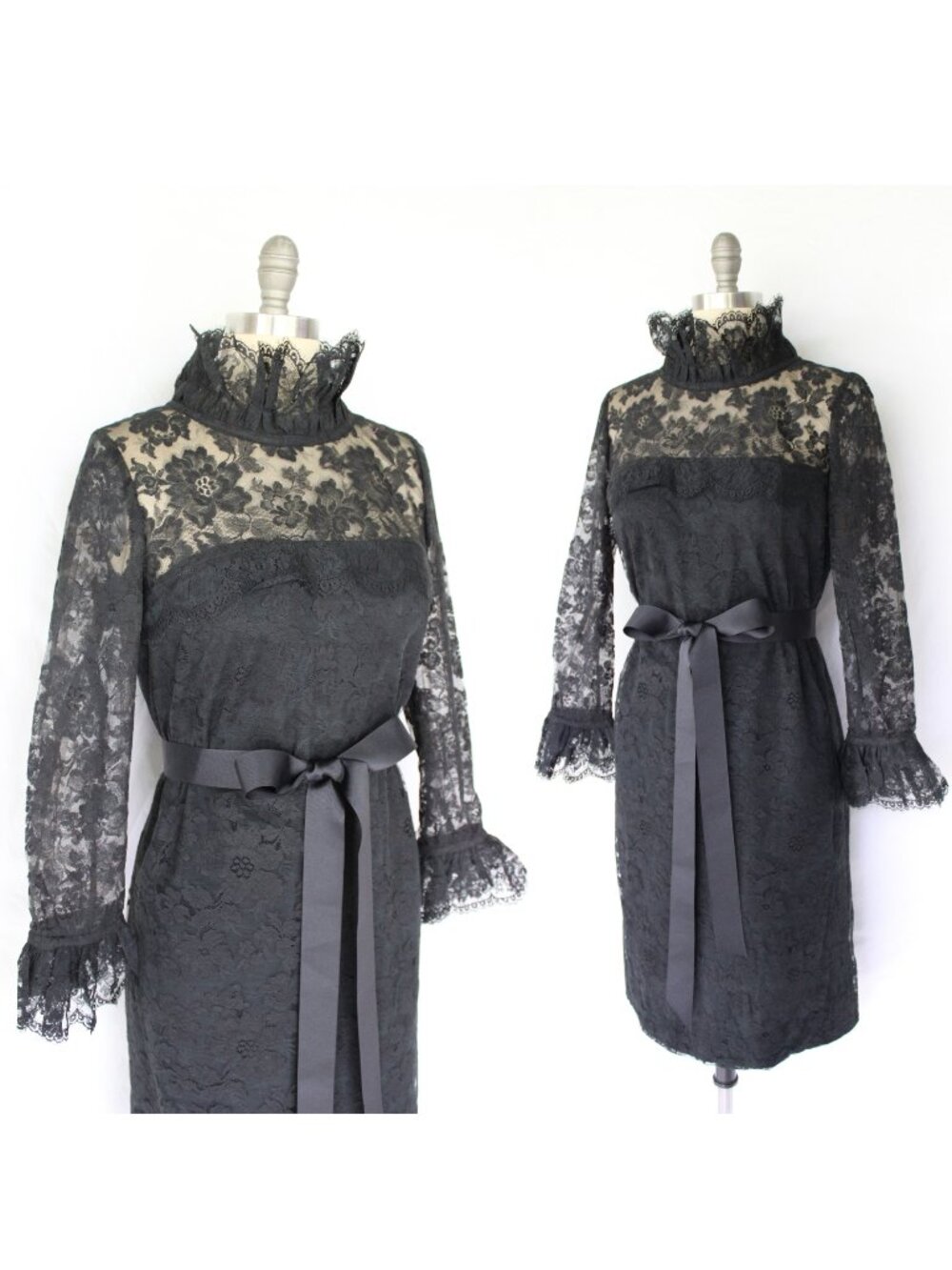 vintage 1950's 60's black victorian Edwardian lace sheer cocktail party dress
